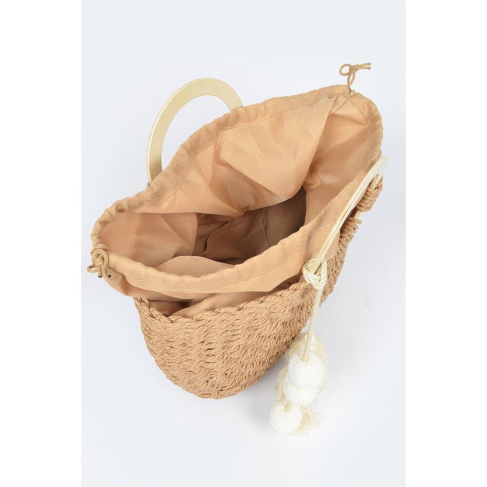 NWT Women's Boho Woven Paper Wood Handle Tasseled Tote Bag - Picture 6 of 8